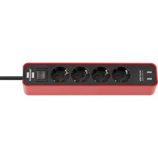 Brennenstuhl 1153240076 Ecolor Steckdosenleiste mit USB-Ladefunktion 4-fach rot/schwarz 1,5m H05VV-F 3G1,5 mit Schalter